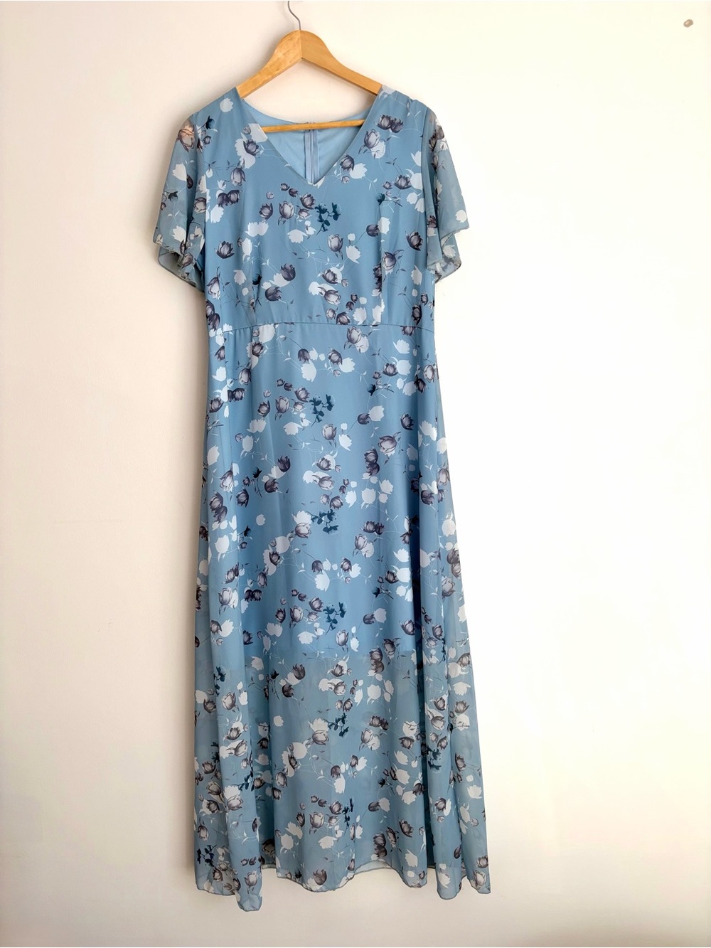 Ethereal Blue Floral Chiffon Maxi Dress Fairycore Soft Grunge L